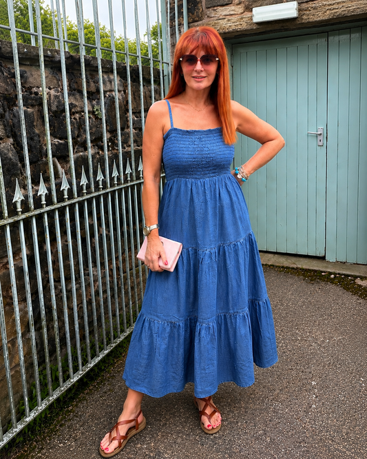Dana: Denim blue shirred midi dress. One size 8-16
