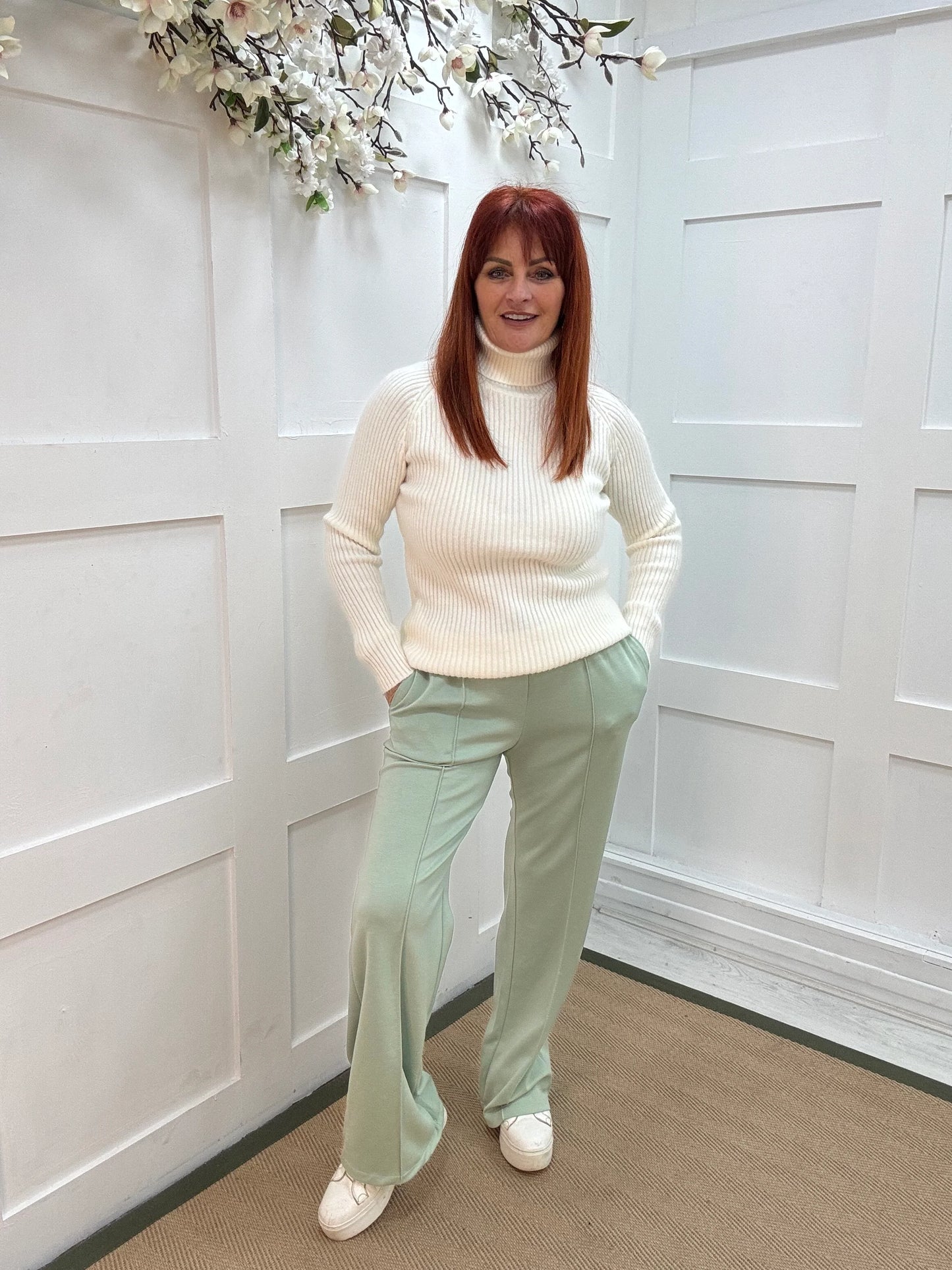 Trudy: Mint stretchy wide leg pocket trousers. 2 sizes