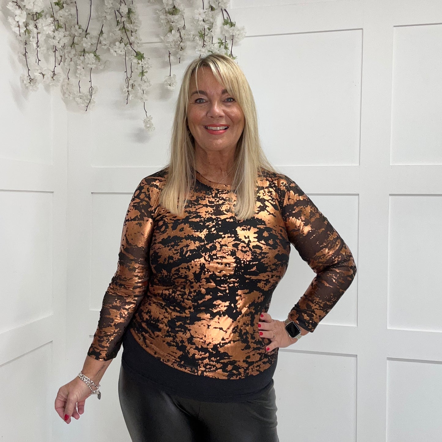 Rhiana: Metallic stretchy sheer mesh top. One size 12-18
