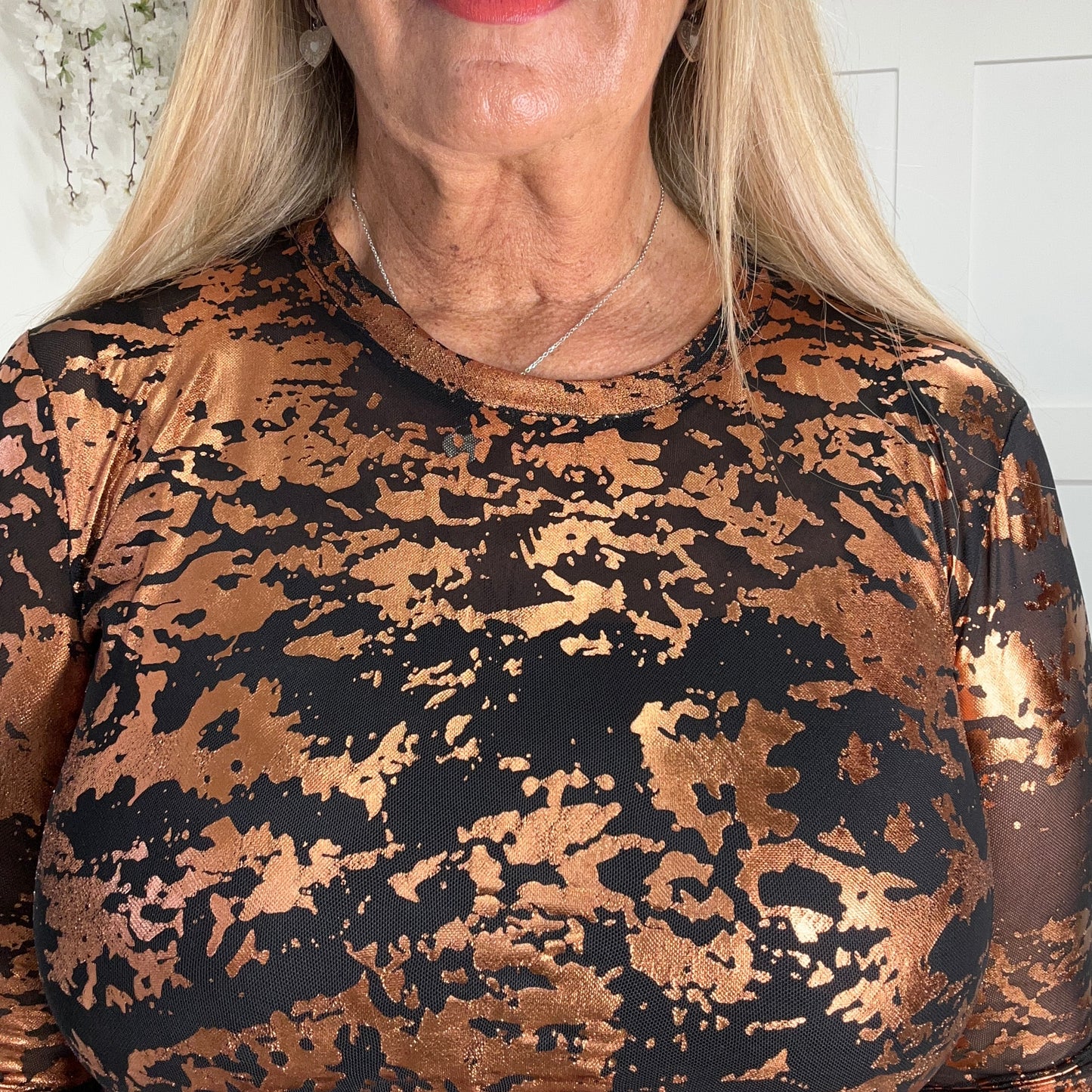 Rhiana: Metallic stretchy sheer mesh top. One size 12-18