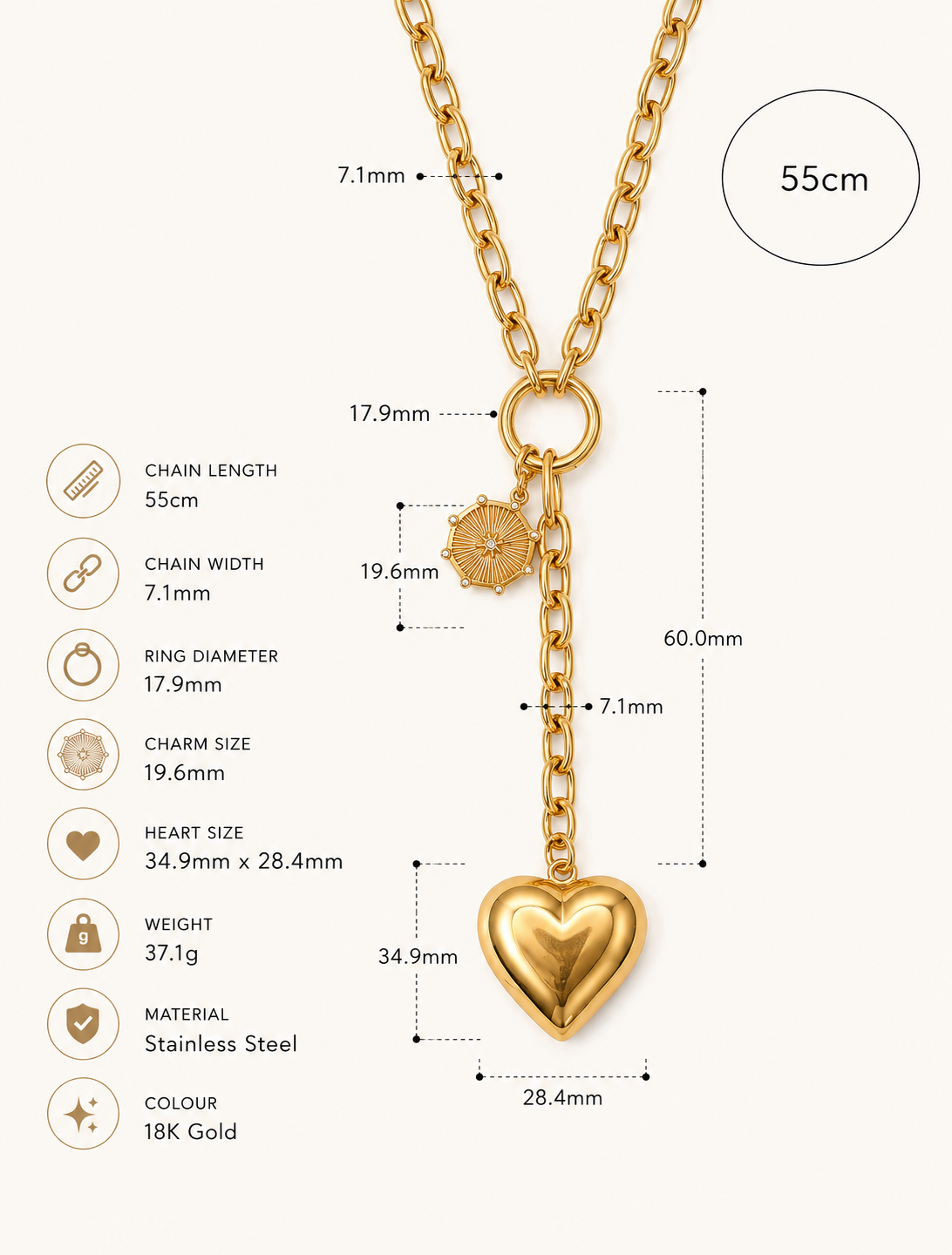 Amelie: 18k gold heart lariat pendant necklace