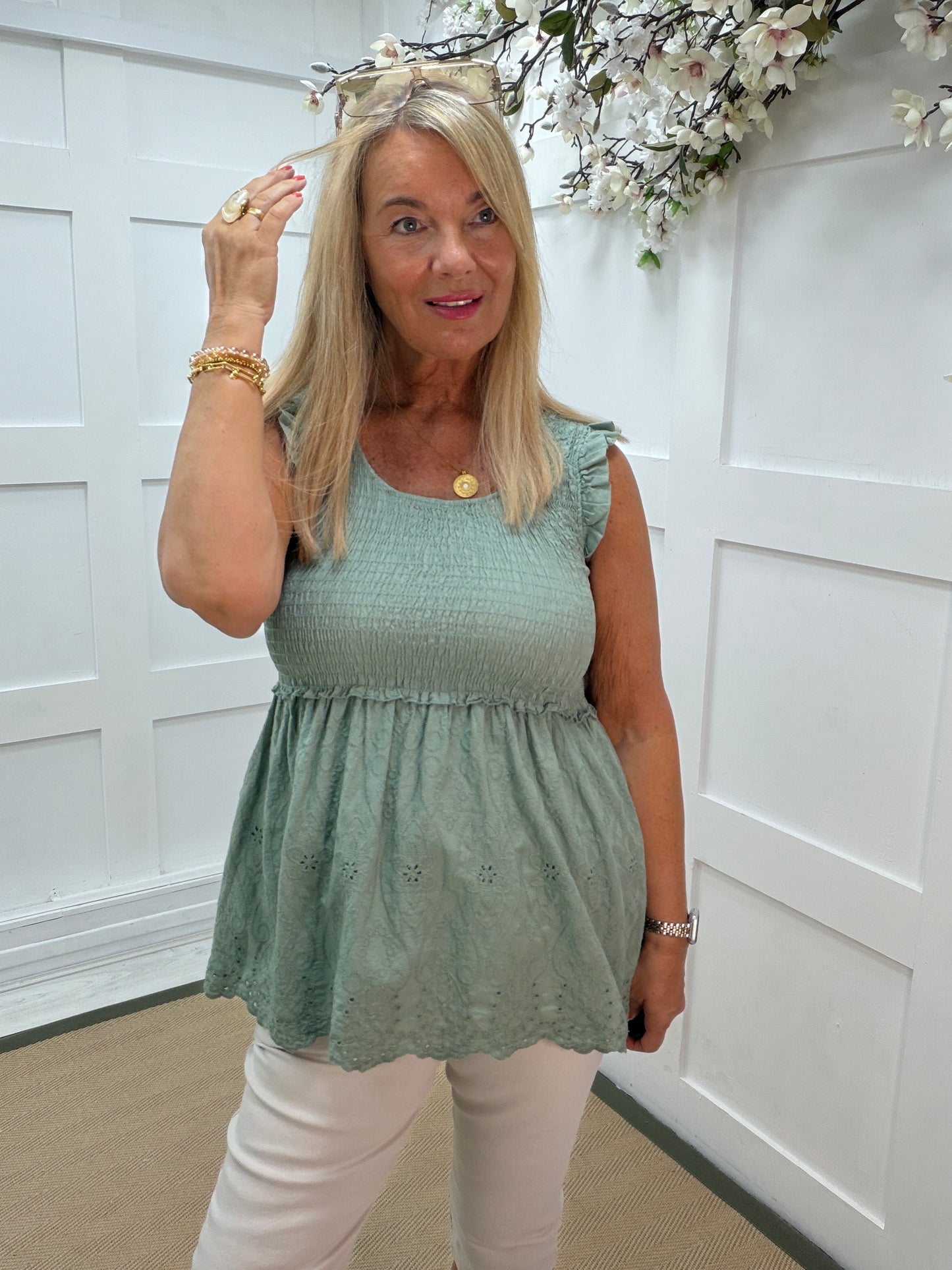 Fifi: Frill embroidered shirred top. One size: 8-14. 4 colours