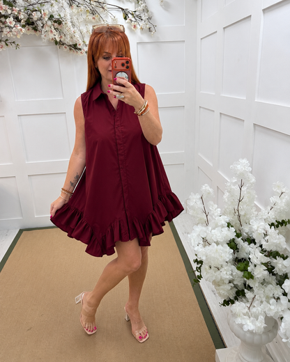 Millie: Sleeveless button front frill hem tunic dress. One size: 12–18. 4 colours