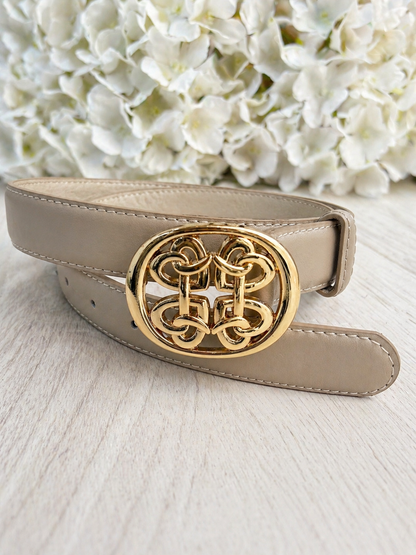 Loren: Cream gold round buckle belt. One size