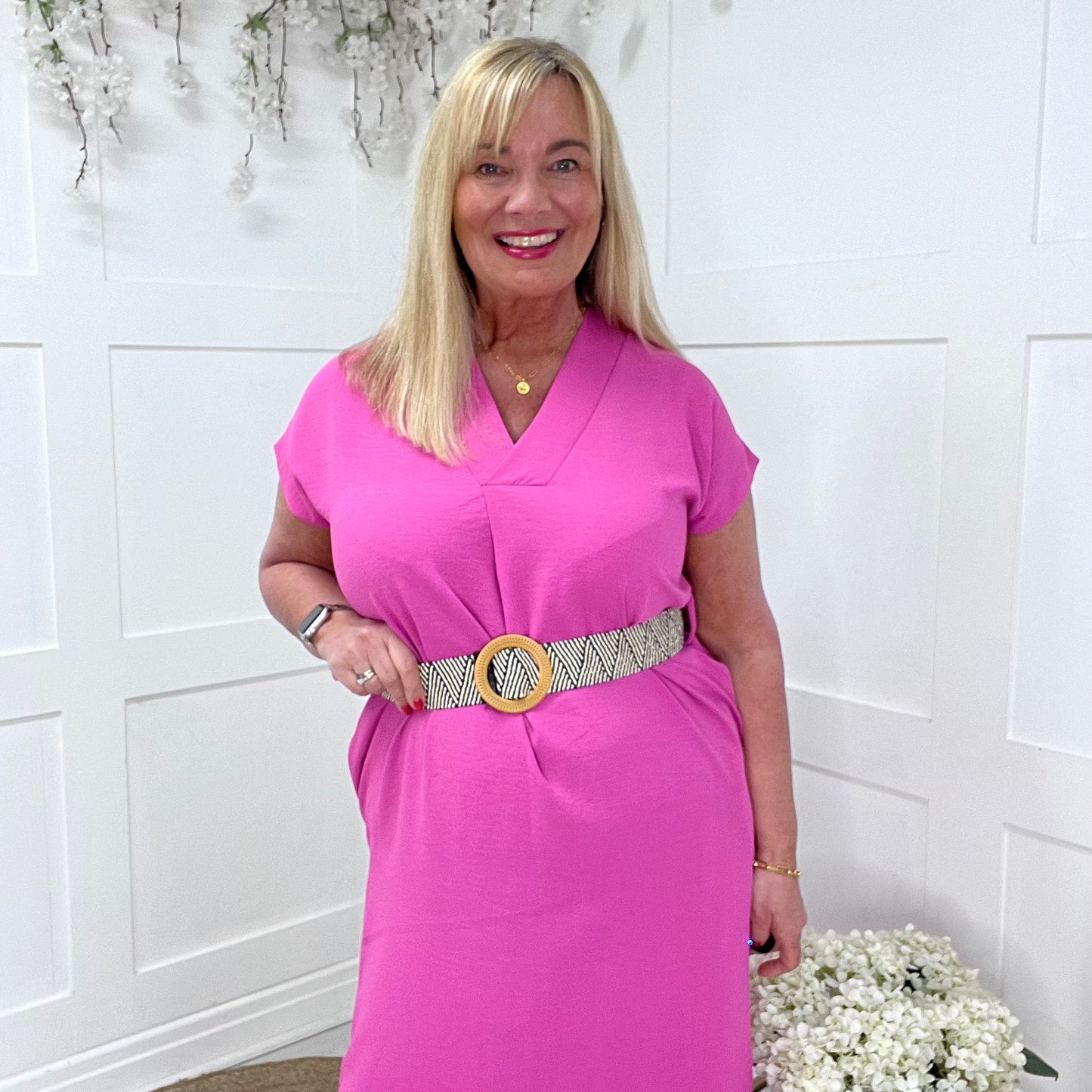 Azora: Pink V neck belted midi dress. One size 10-18