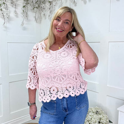 Ellie: Pink fluted arm crochet top & vest. One size: 10-16