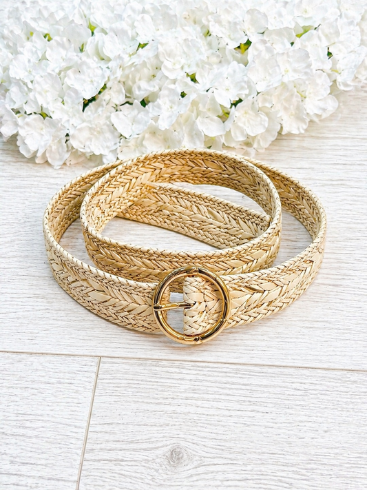 Willow: Cream round buckle weave belt. One size: 8-20