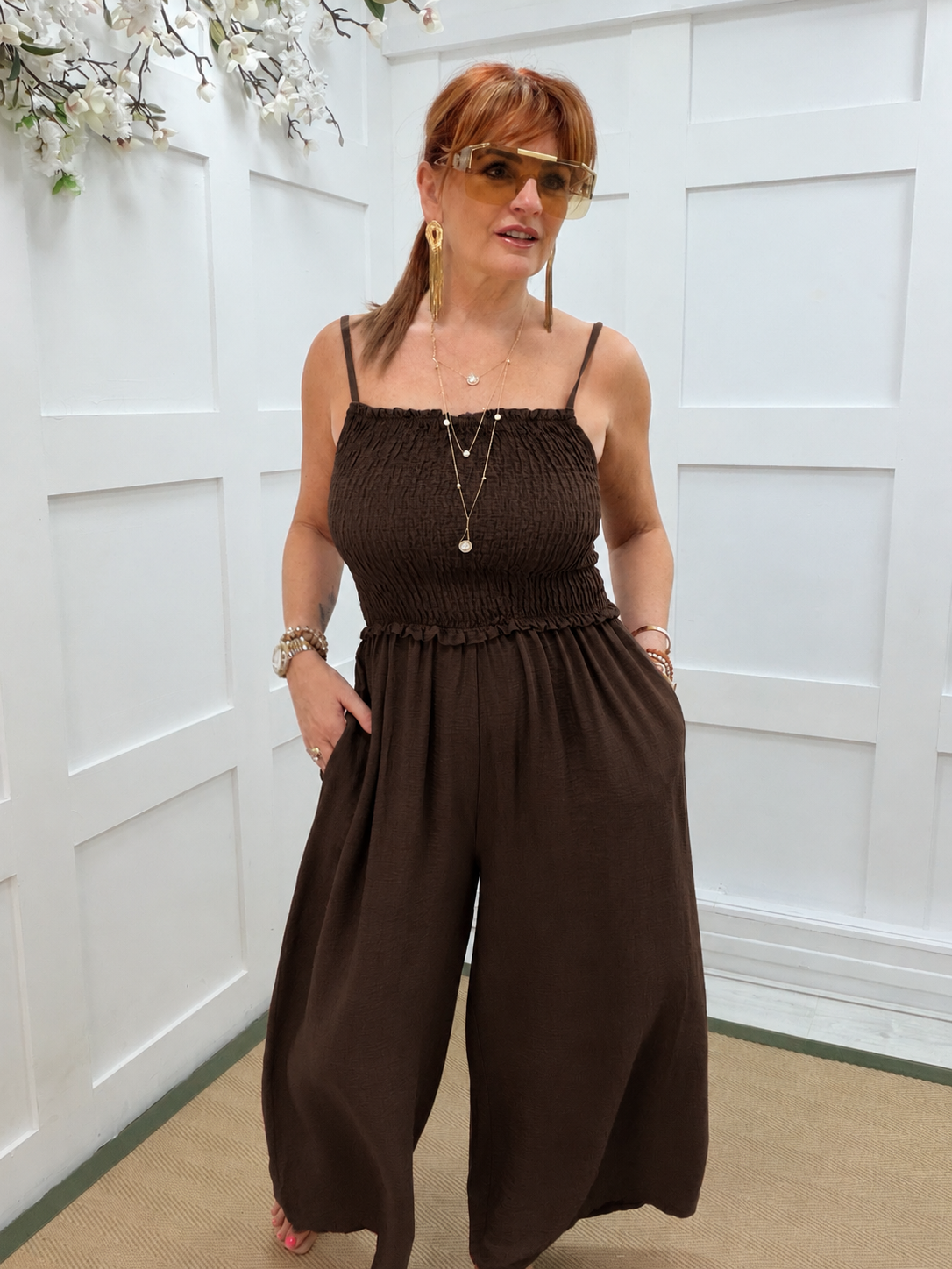 Allegra: Shirred bodice wide leg jumpsuit. 8-16. 5 colours
