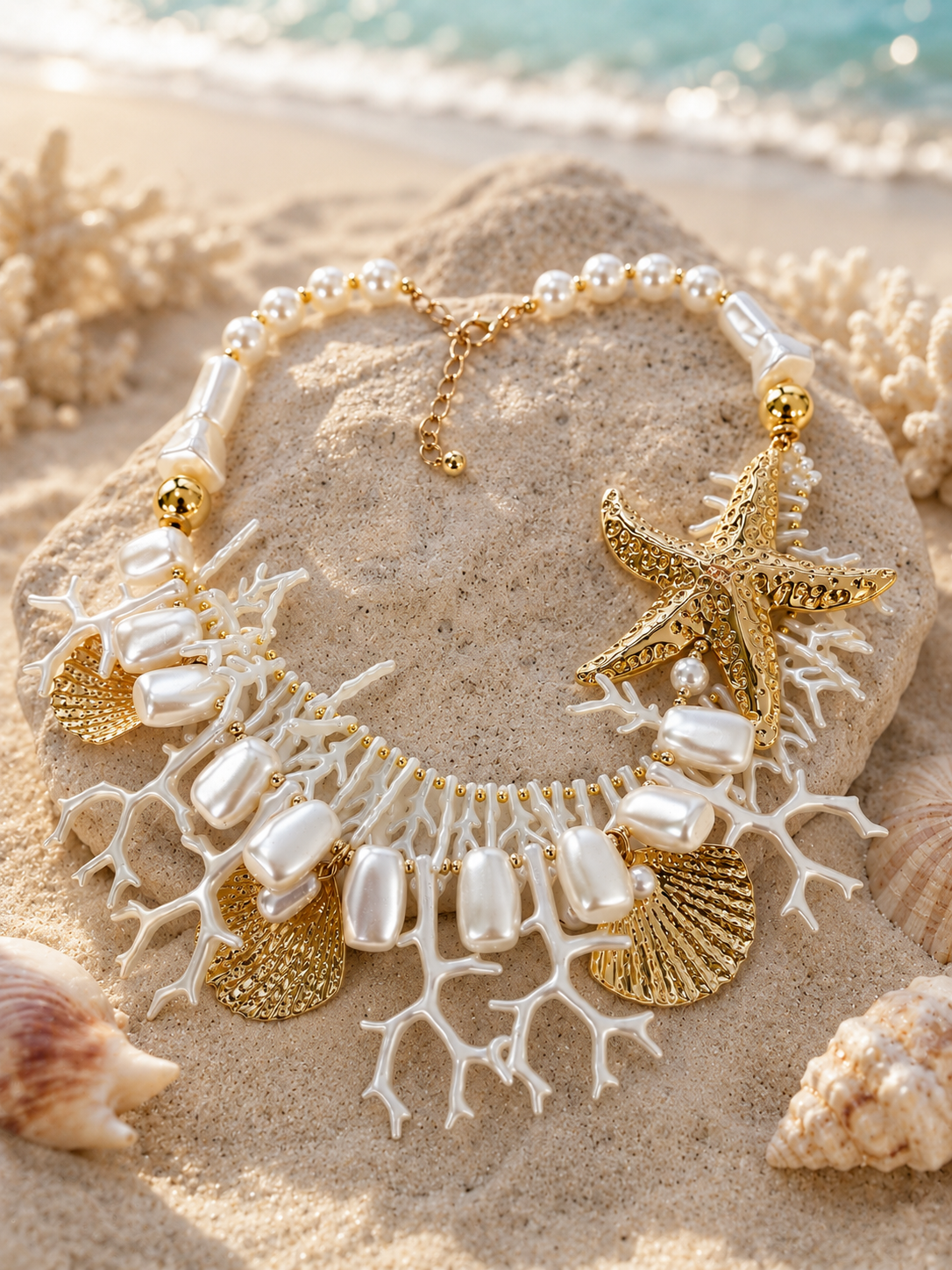 Azoria: Chunky white coral & gold starfish necklace