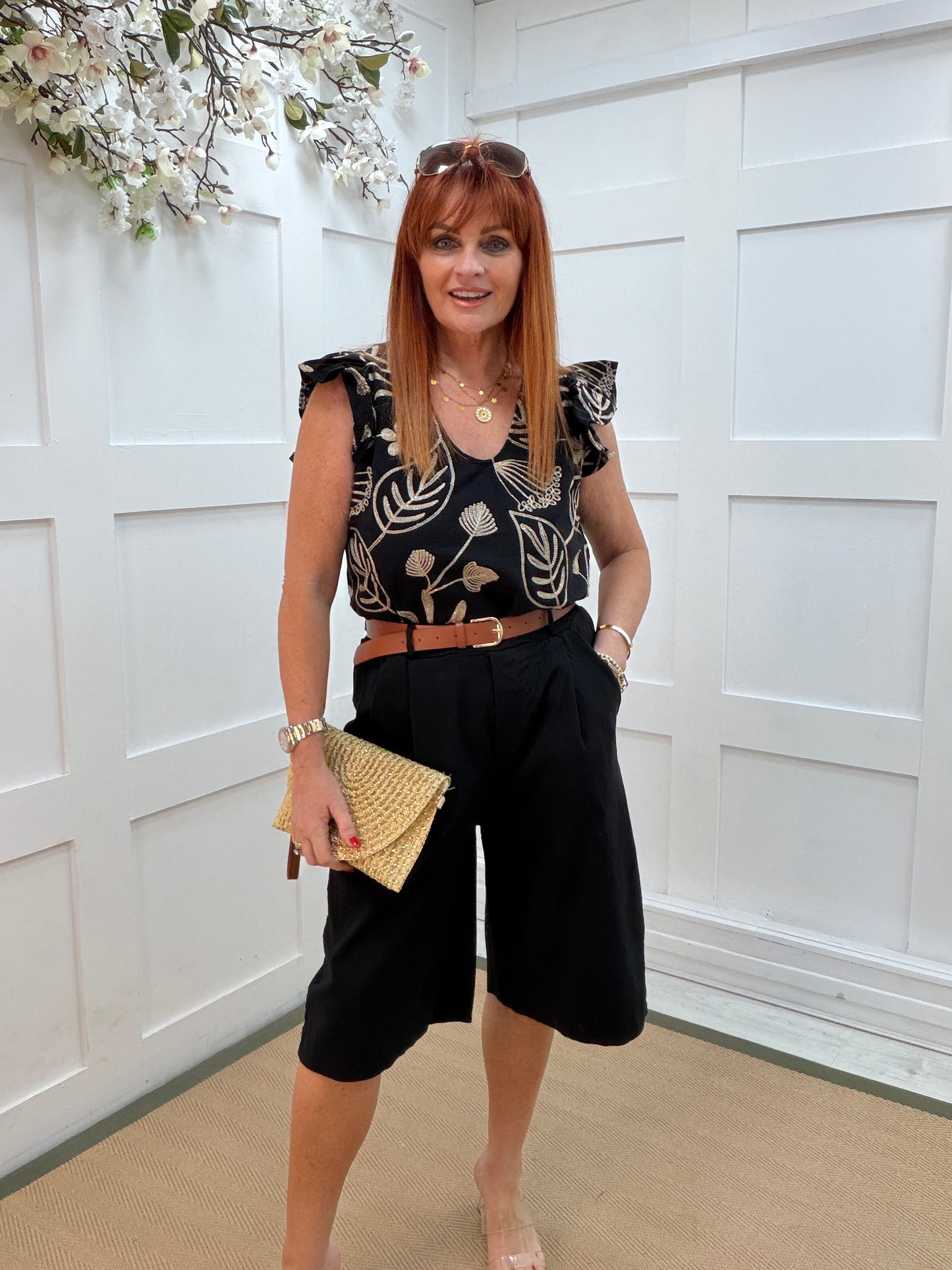 Nellie: Frill sleeve V neck embroidered top. One size 10-14. 2 colours