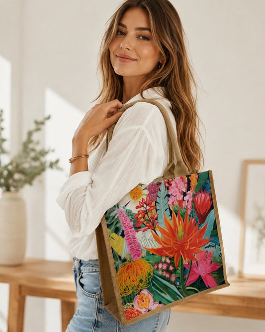 Connie: Multicoloured floral hessian beach bag