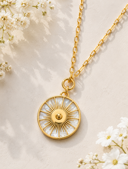 Solique: Gold mother of pearl sundial necklace