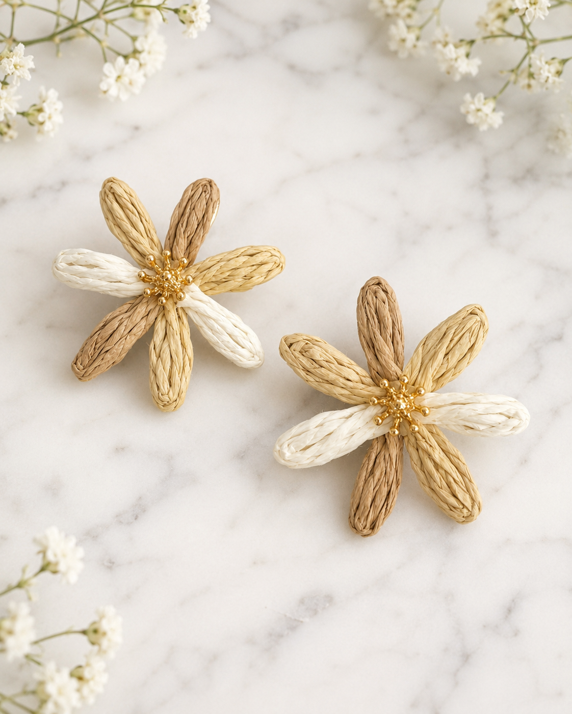 Meadow bloom: Large raffia & gold daisy earrings