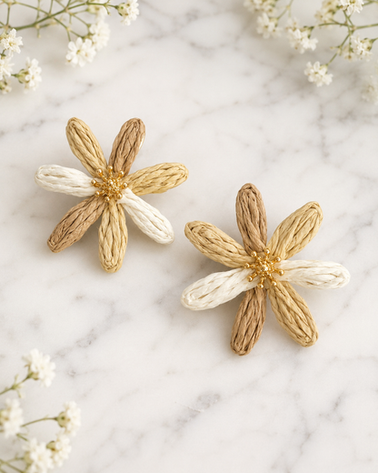 Meadow bloom: Large raffia & gold daisy earrings