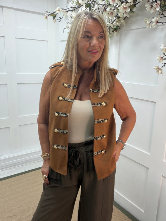 Lyla: Military leopard detail waistcoat. One size: 10-16. 2 colours