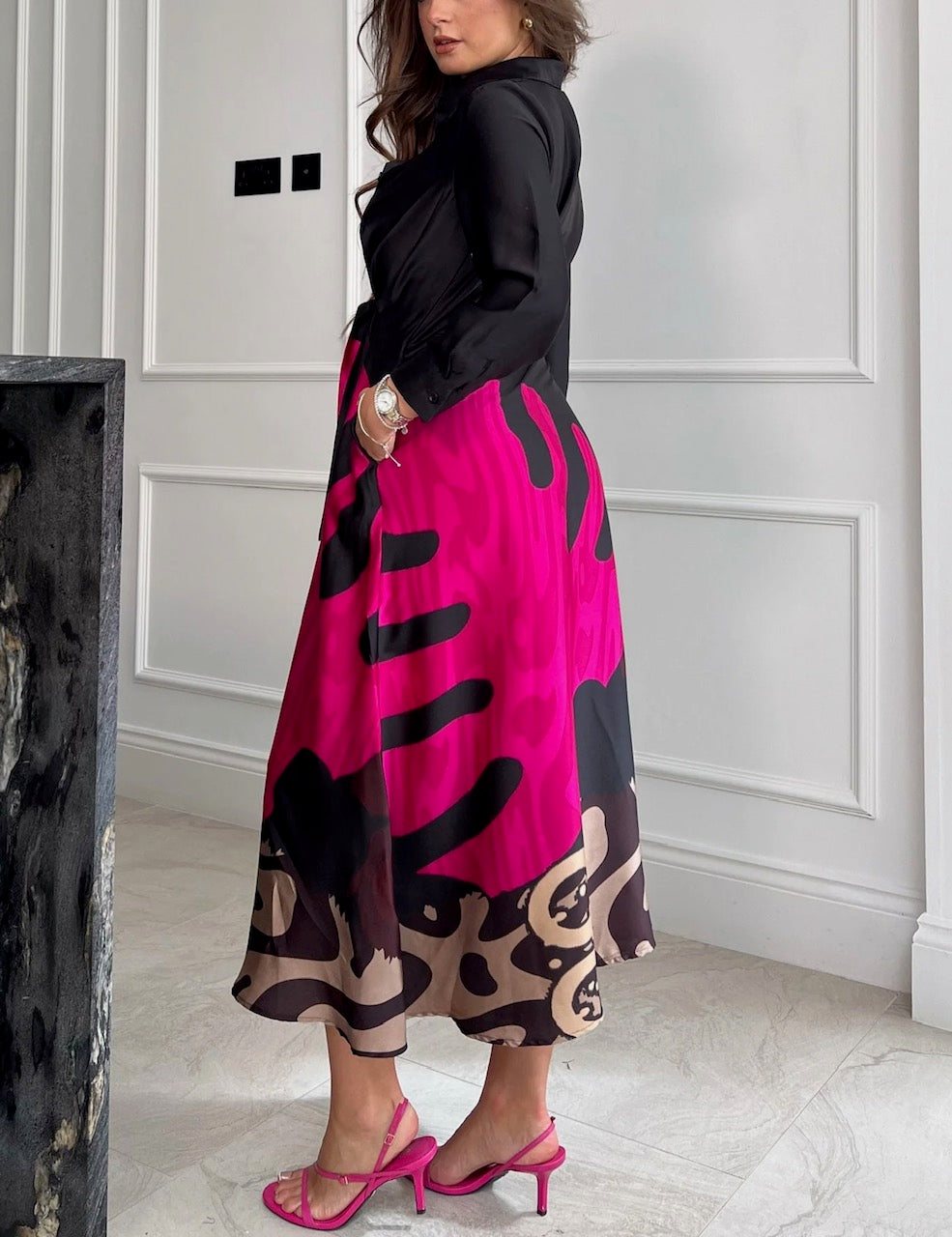 Isabella: Pink & Black midi pocket dress. Sizes 8-18.