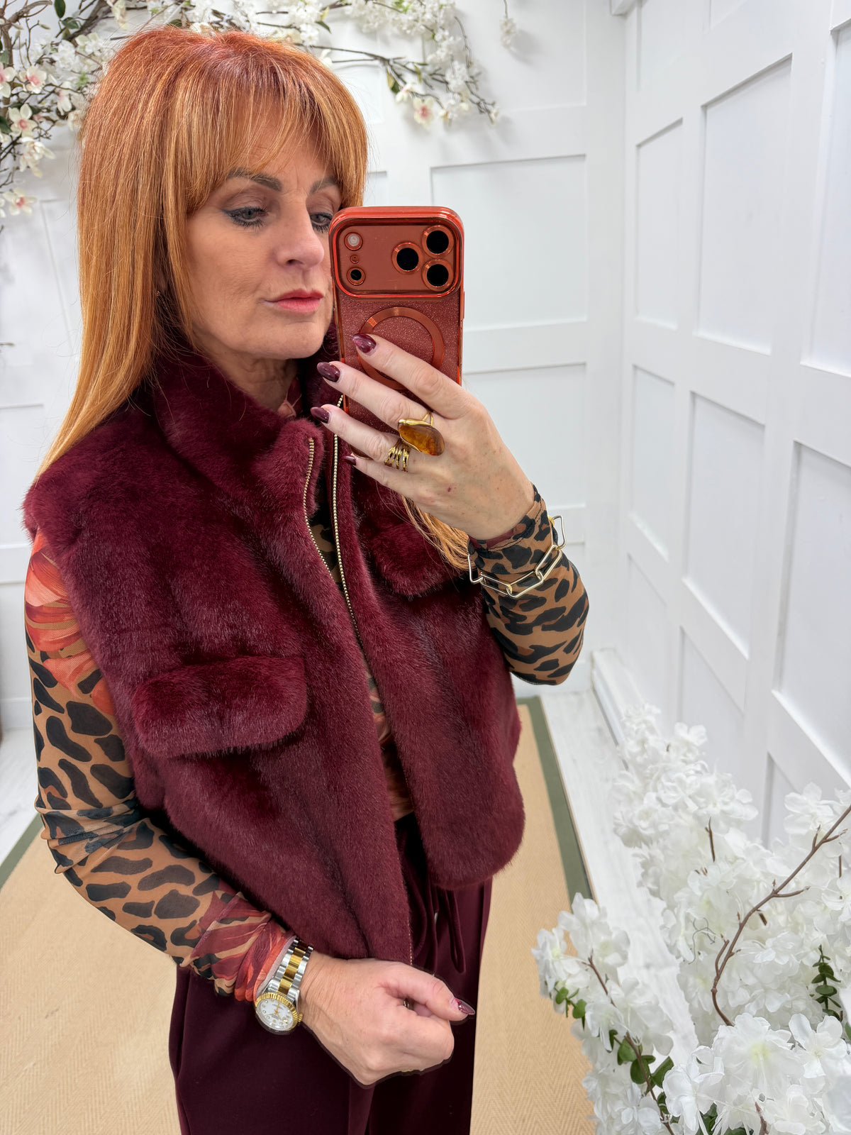Gabby: Faux fur gilet with chest pockets and suede lining. 2 sizes. 2 colours