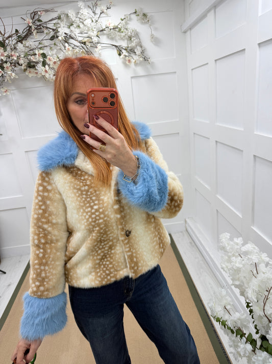 Fawn: Bambi & blue faux fur jacket. 2 sizes