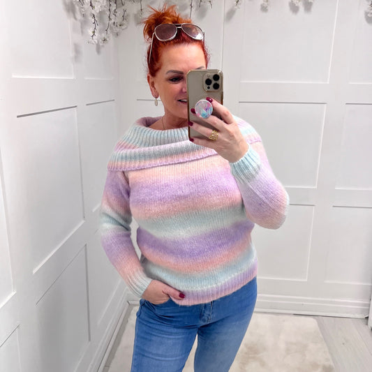 Katie: Bardot pastel stripe jumper. One size 10-18