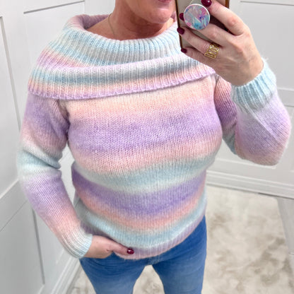 Katie: Bardot pastel stripe jumper. One size 10-18