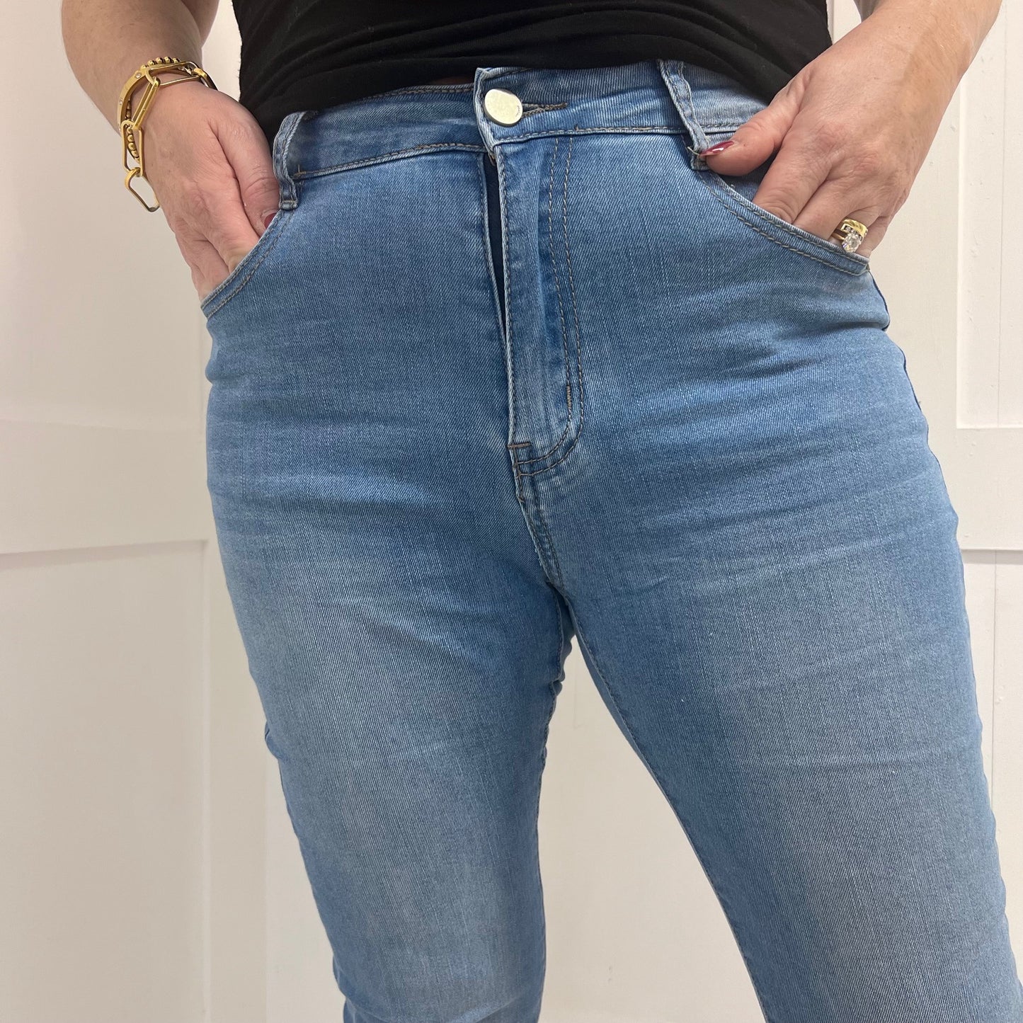 Neris: Blue high waist bootcut jeans. Sizes 8-16