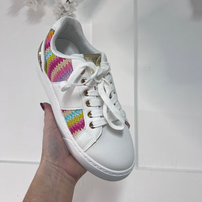 Athena: White & rainbow stripe trainers. Sizes 3-8.