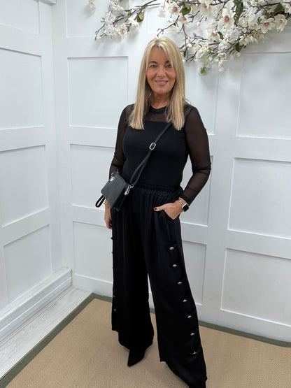 Monroe: Black military button wide leg silky trousers. One size 14-18