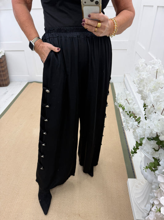Monroe: Black military button wide leg silky trousers. One size 14-18