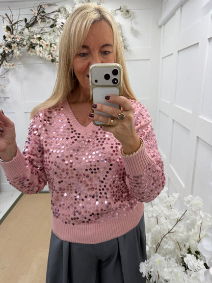 Sydney: Pink sequin long sleeve jumper. One Size: 12-16
