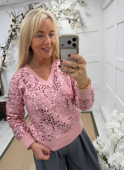 Sydney: Pink sequin long sleeve jumper. One Size: 12-16