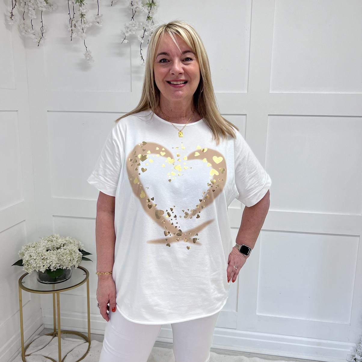 Holly: Heart gold foil printed T shirt. One size 14-22