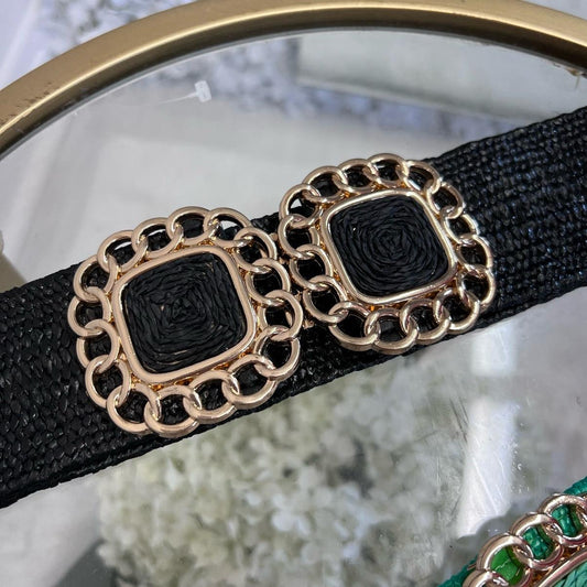 Ruthie: Stretchy raffia belt with gold buckle. One Size 10-18