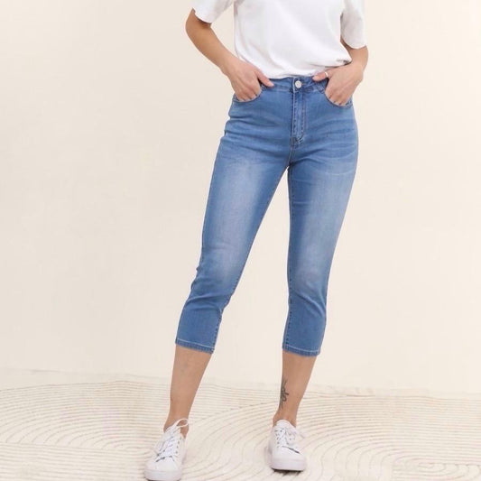 Demi: Stretchy calf length denim jeans. Sizes 10-22
