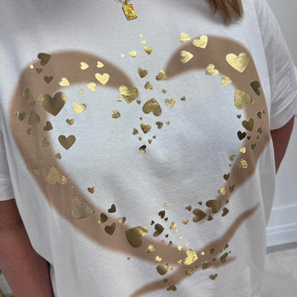 Holly: Heart gold foil printed T shirt. One size 14-22