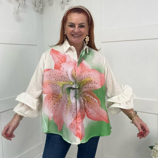 Katia: Oversized Big flower printed shirt. One size 12-24