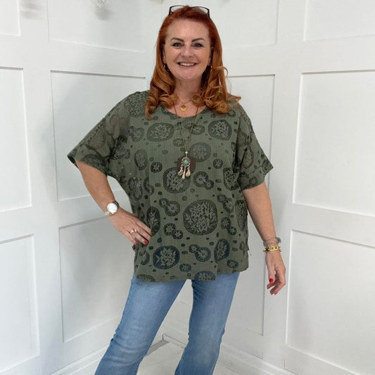 Mandy: Khaki pattern top with necklace. One size 12-20
