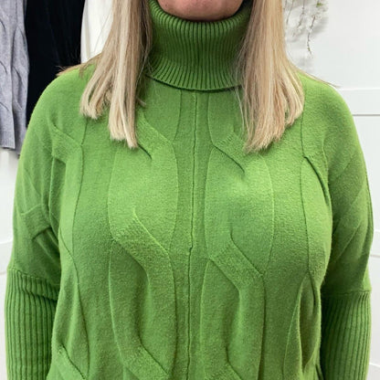 Tamsin: Cable knit top with roll neck. One size 16-28.