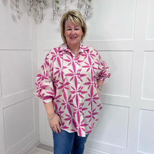 Martha: Oversized leaf print cotton shirt. One size 18-26