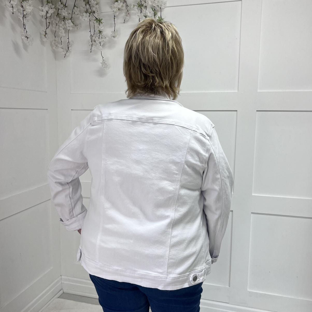 Shona: White stretchy denim jacket. Sizes 14-26