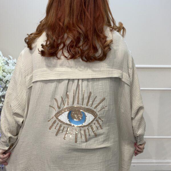 Trisha: Oversized Cheesecloth Sequin Evil Eye Shirt. One size 18-26.