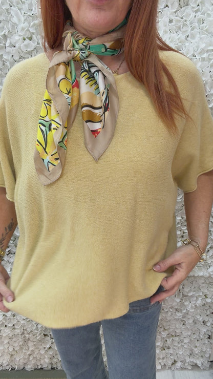 Carrie: Honey mustard short knitted top. One size: 12-18/20
