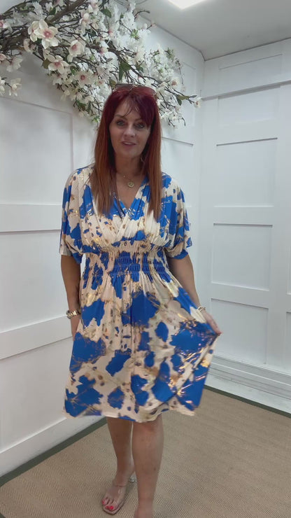 Dixi: Santorini blue & cream stretchy midi wrap dress. One size 12-22