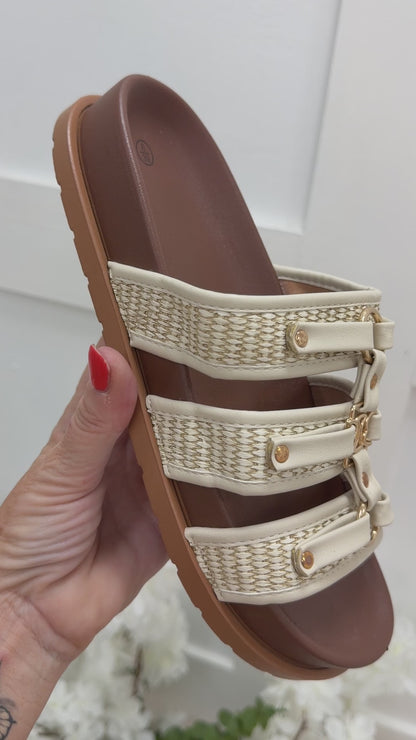 Rene: Cream & gold 3 strap sandals Sizes: 3-8