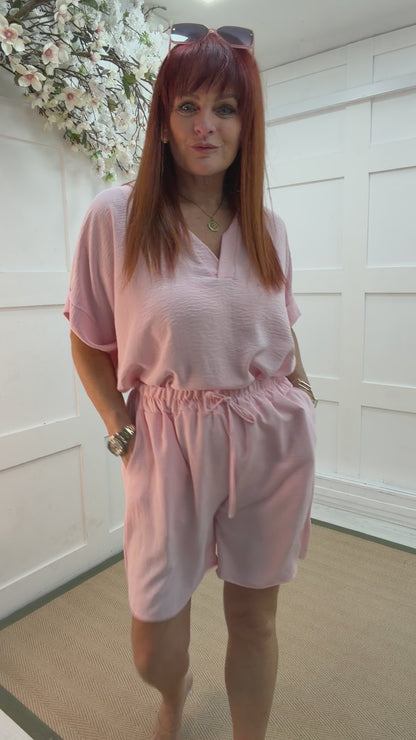 Sian: Baby Pink plain top & shorts set. One Sz: 10-18