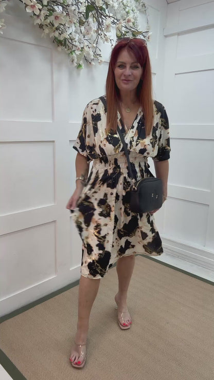 Dixi: Black & cream stretchy midi wrap dress. One size 12-22