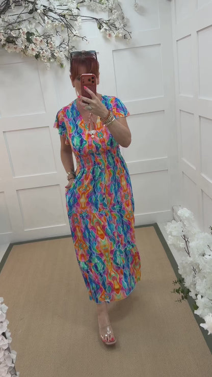 Robyn: Multicoloured V neck stretchy magic maxi dress. One size: 10-18