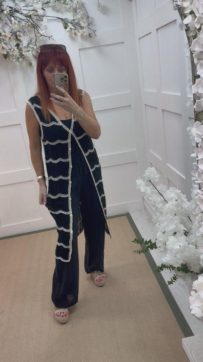 Cici: Black longline crochet waistcoat. One size: 10-14