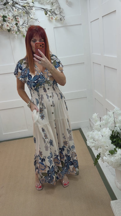 Aria: Blue & cream V neck stretchy maxi dress. One size: 10-18