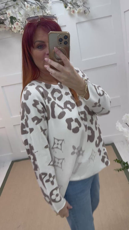 Alice: Brown & white leopard print top. One size: 12-20