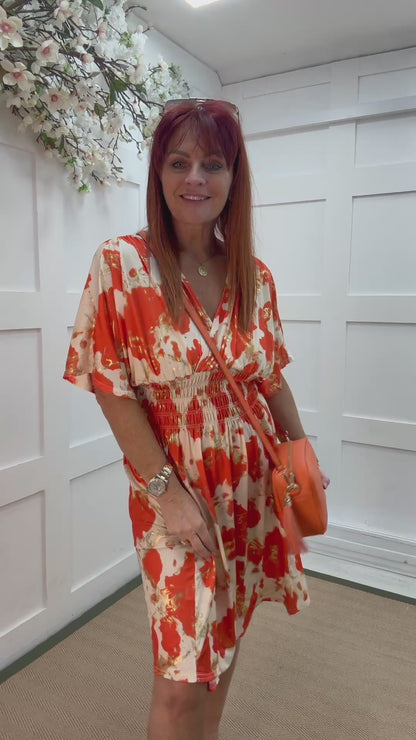 Dixi: Orange & cream stretchy midi wrap dress. One size 12-22